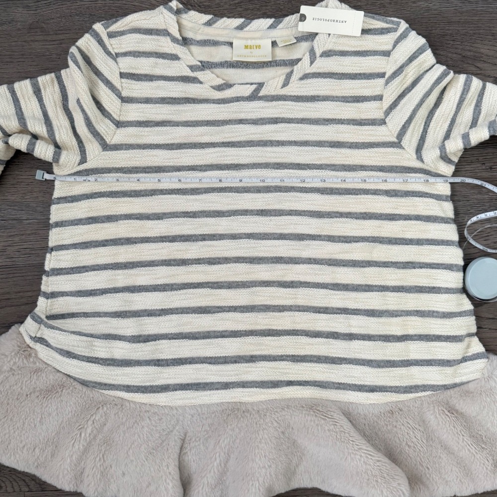 Anthropologie Maeve‎ Astor Fur-Trimmed Striped Pullover Sweater M White/Gray NWT - Picture 6 of 12